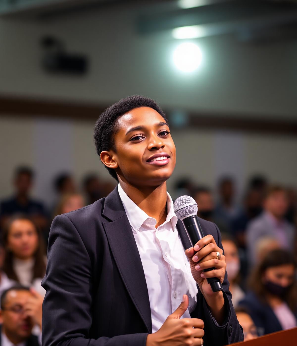 A high school student speaking confidently on stage