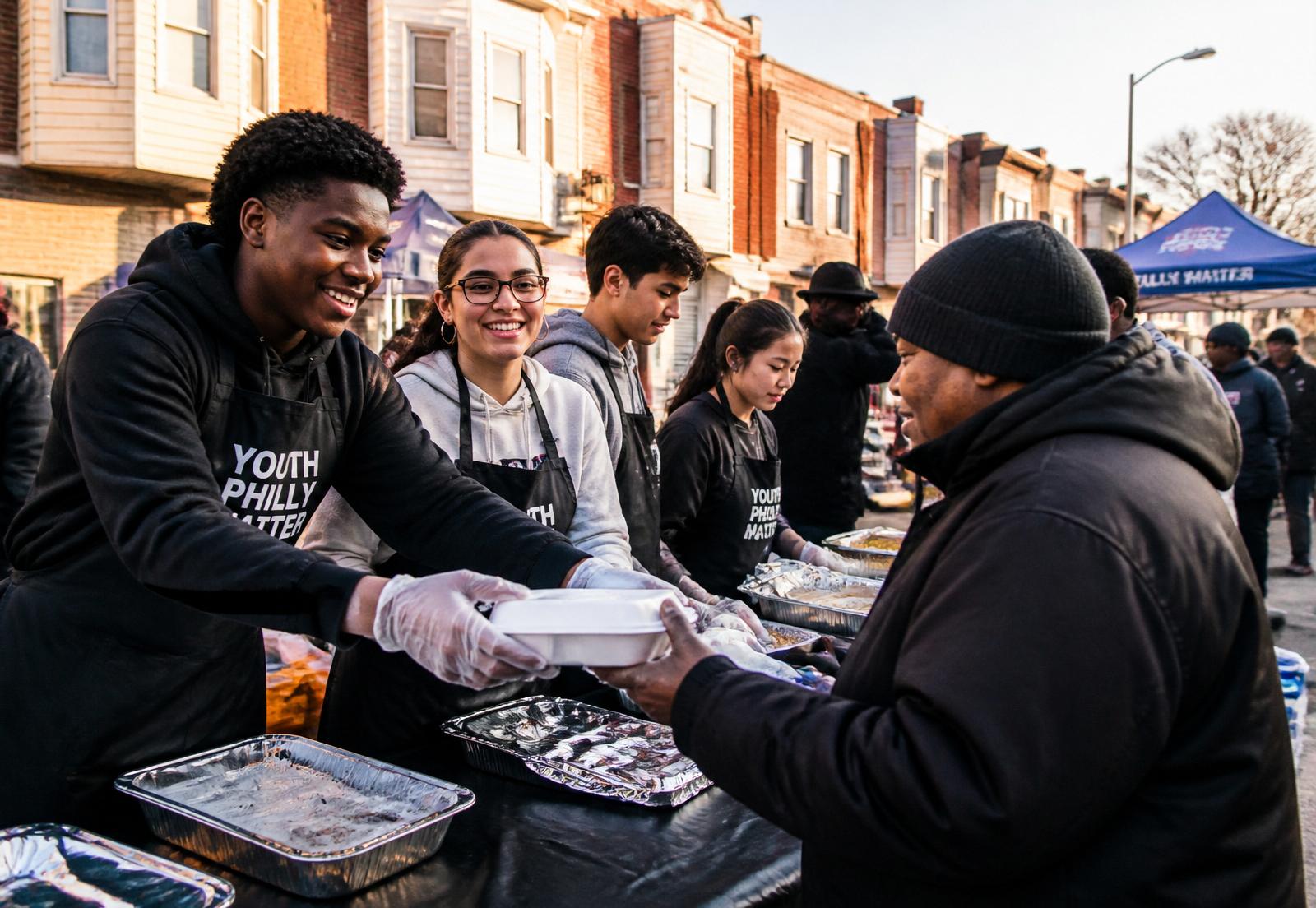 Y.E.W.P. student volunteers serving food at a Philadelphia community outreach event